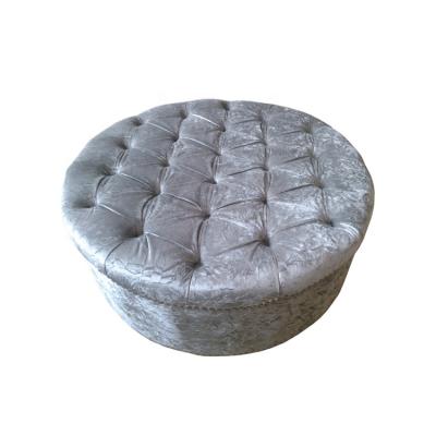 China Luxury Crushed Silver Button Ornate Velvet Upholstery Round Ottoman Coffee Tables for sale