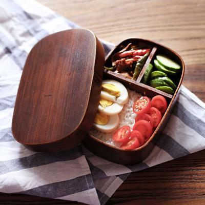 China Good Quality Stored Reusable Eco Friendly Biodegrade Wooden Bento Box Kids Leakproof With 3 Compartment for sale