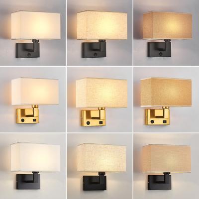 China Surface mounted hotel wall lamp bedroom indoor fabric shade bedroom bedhead wall light USB bedside wall light for sale