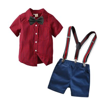 China 2022 New Red Plaid Shirt And Overalls Casual Shorts Childrens Boy Clothes Set for sale