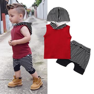 China Casual Wholesale Summer Sleeveless T-shirt And Striping Print Shorts Kids Boy Clothes Set for sale