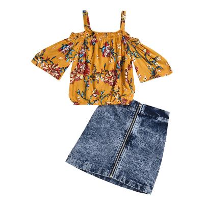 China Summer Breathable Cotton Floral Print Sleeveless Tops And Denim Skirt Set Girls Clothes for sale