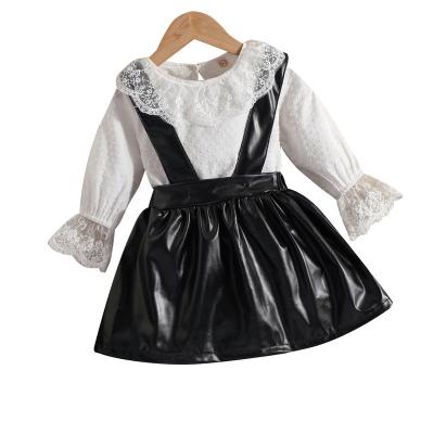 China Breathable Summer Long Sleeve Top And PU Suspender Skirt Two Piece Set Girls Clothes for sale