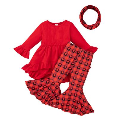 China Autumn Red Long Sleeve Casual Tops And Flared Pants Kid Clothes Set For Girls for sale