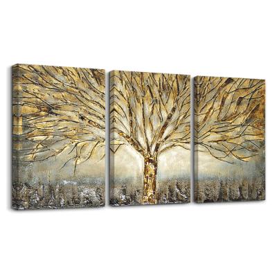 China Modern Factory Custom 3 Piece Abstract Nordic Autumn Gold Trees Landscape Canvas Prints For Gift for sale