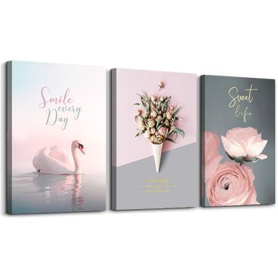 China Rose Wrap Gallery Quality 3 Panel Wall Art Canvas Print Modern Wholesale Swan And Flower Pictures For Wall for sale