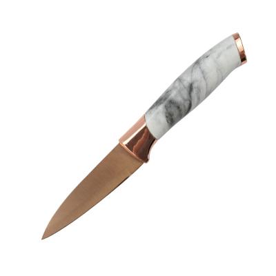 China Viable Stainless Steel White Marble Handle Curved Fruit Knives Rose Gold Blade Paring Knife Fruit Knife for sale