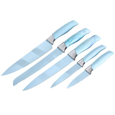 China Viable Wholesale Sky Blue Marble Handle Pattern Blue Soft Blade Kitchen Knife Set for sale