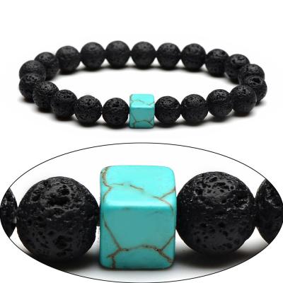 China Religion/turquoise Square Lava Natural Stone Bead Bracelet Volcanic Newest Handmade Elastic Bracelet Totem Bead for sale