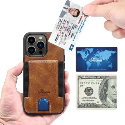 China Portable Shockproof Leather Back Expandable Leather Case Business Card Case Card Holder Wallet For iPhone 13/14/Pro/Pro Max for sale