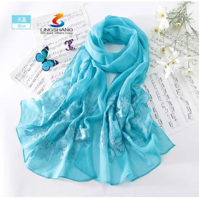 China Lingshang fashion flower pattern scarf autumn and winter embroidery shawl high quality long silk scarf for sale