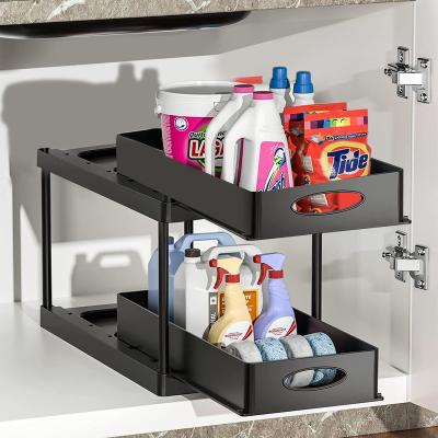 China Viable Under Sink Organizers and Storage, 2 Tier Bathroom Rack Organizer with Cup Hanging Hooks, Universal Bath Catch Trays for sale