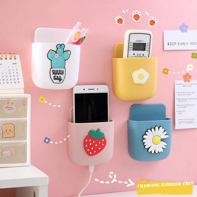 China Cute Wall Mounted Mobile Phone Holder Case Plastic Plug Cable Organizer Phone Charging Stand Storage Box Bathroom for sale