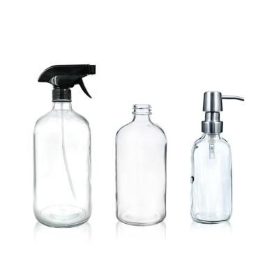 China Personal Care 1oz 2oz 4oz 8oz 16oz Clear Boston Round Syrup Spray Pump Glass Beverage Bottle For Juice Beverage Lotion for sale