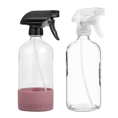 China HomeCare Cusotm 500ml 16oz Clear Boston Round Hand Sanitizer Trigger Spray Glass Bottle With Silicone Sleeve for sale