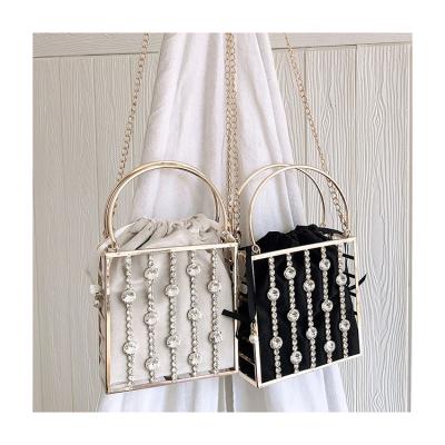 China Fashion Women Crystal Banquet Bags French Diamonds Dinner Chain Cross - Body Bags Hollow Out Alloy Metallic Basket Bags Small Luxury Totes for sale