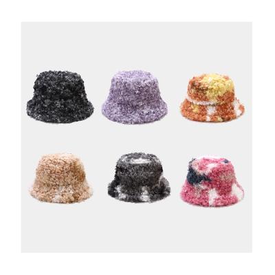 China Fashion \ Colorful Dye Tie Dye Bucket Hats Warm Comfortable \ Durable Lambswool Winter For Women Fashion Plush Fisherman Hats Thick Lamb Wool Ladies Basin Hats for sale