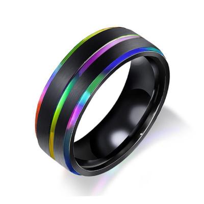 China Romantic Black 8MM Tungsten Carbide Ring For Men Rainbow Fluted On Bevel Swept Center Edges Male Tungsten Jewelry for sale