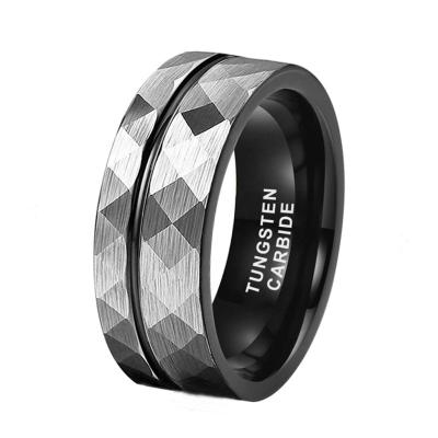 China CLASSIC 8mm Tungsten Ring Men Fashion Black Hammered Two Tone Offset Line Comfort Fit Jewelry for sale