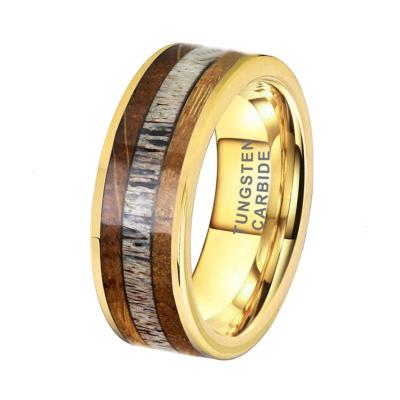 China Gold CLASSIC Tungsten Wood Ring For Men Whiskey Barrel Jewelry 8mm Deer Antler Inlay Comfort Fit for sale