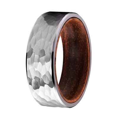 China CLASSIC 8mm Tungsten Carbide Ring For Men Hammered Jewelry Pure Koa Wood Inside Comfort Fit for sale