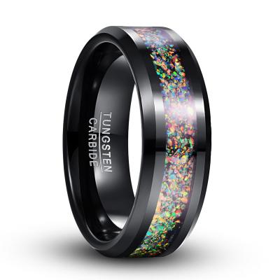 China Romantic Black Color Plated Polished Natural Colorful Opal Tungsten Carbide Rings Men's Jewelry Wedding Rings Male for sale