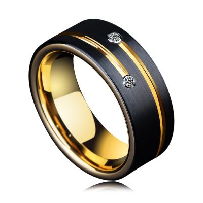 China Wholesale High Hardness Men's 8mm Black CZ Wedding Bands Stone Designs Tungsten Rings For Men With Gold Groove for sale