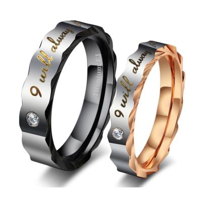 China Latest Edge Romantic Irregular Shape With Letter Engraved With Stone Titanium Ring For Wedding Rings Couple Rings for sale