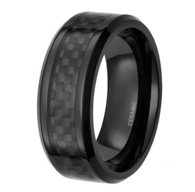 China CLASSIQUE 8mm Black Ceramic Ring With Black Carbon Fiber Inlay Wedding Band for sale