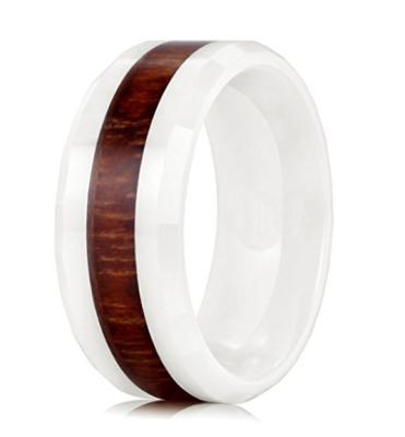 China Ring With Genuine Hawaiian Koa White Ceramic Wood Inlay 6mm and 8mm in Exquisite Appearance for sale