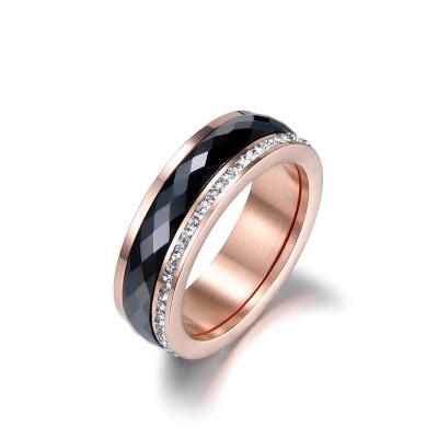 China Women Rose Gold Titanium Steel Cubic Zirconia Engagement Ring With Black Ceramics Wedding Ceramic Rings Jewelry for sale