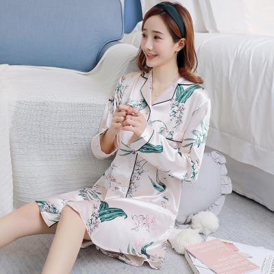 China Breathable Silk Pajamas Long Nightgown Satin Print Long Sleeve Pajamas R337 for sale