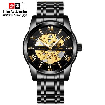 China Hot Sale Mechanical Skeleton Roman Numerals Diamond Dial Watch Black Water Resistant Automatic Wristwatch for sale