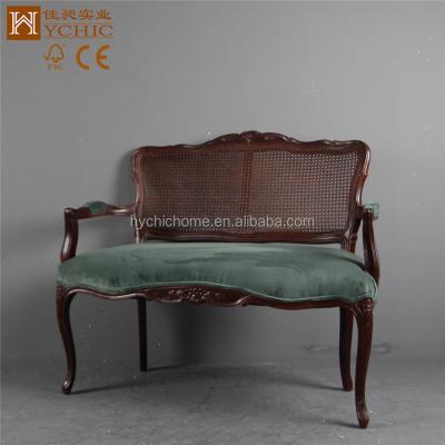 China Vintage Two Seat French Style Armchair Chair Solid Wood Chinese Antique Wooden Carved Rattan Dining Back Chairs for sale