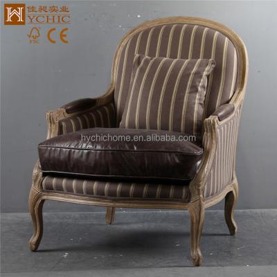 China Vintage French Leather Leisure Chair Vintage French Sofa Chair Striped Fabric Real Leather Living Room Chair for sale