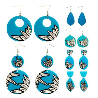 China 2021 New Arrival Simple Round Acrylic Geometric Blue Embossed Design Simple Clay Dangle Earrings Custom Trendy Jewelry for sale