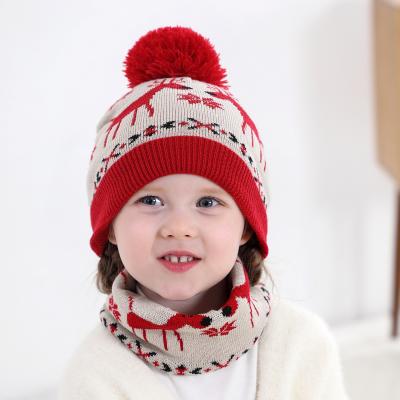 China New Jacquard Christmas Deer Knitting Children's Hat And Scarf Set In Stocks, Warm Baby Hat And Scarf for sale