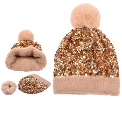 China COMMON Winter Plush Knit Beanies Glitter Decoration Faux Fur Pom Knit Beanie Hat Pluff Fuzzy Solid Color Cuff Warm Knit Hats for sale