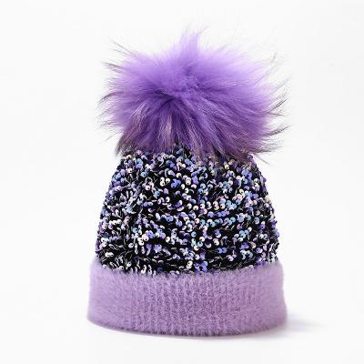 China COMMON high quality purple detachable fashionable pom knitted hat women real sequin fur ball patchwork raccoon fur pom for sale