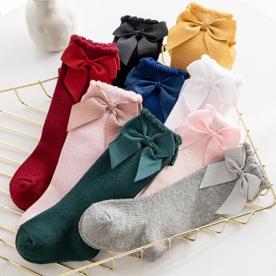 China Antibacterial Spring Kids Big Bow Knee High Stockings Girls High Quality Long Lace Bow Knee High Fashion Stocking Socks for sale