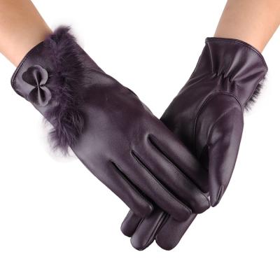 China Plain Women's Hot Fashion Luxurious Leather Gloves With Raccoon Fur And Cute Bowknot for sale