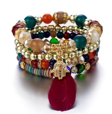 China High Quality Bohemian Bracelet Crystal Bead Ethnic Jewelry Feather Bracelet Four Piece Color Bracelet for sale