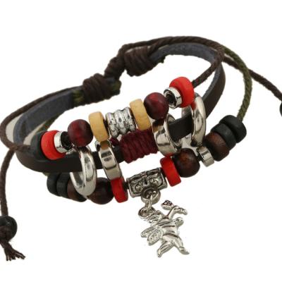 China Wholesale Environmentally Friendly Mens Boutique Cowhide Woven Bracelet Antique Wooden Bead Bracelet for sale