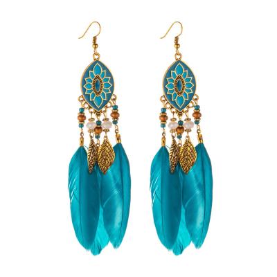 China BOHEMIA 2022 African Feather Earrings Boho Style Rice Beaded Earrings Water Drop Tassel Earrings Women for sale