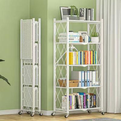 China Viable White Color 3 Tier Metal Storage Rack Foldable Folding Kitchen Vegetable Storage Rack With Casters Wheels for sale