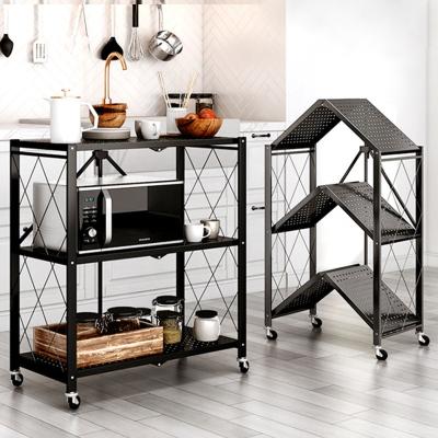 China Viable Free Standing Folding Kitchen Oven Stand Utility Storage Rack 3 Tier Wire Rack Microwave Shelf For Spice Jars With Wheels for sale