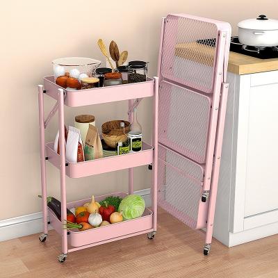 China Doors/On Behind Walls Foldable Household Vegetable Bathroom Storage Rack Metal Rolling 3-Tier Kitchen Trolley Rack Kitchen Trolley With Wheel for sale