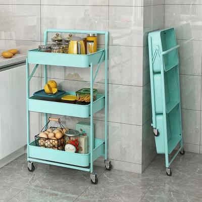 China Bathroom 3 Tier Teal Folding Storage Rack Cart Rolling Kitchen Utility Carts With Baskets for sale