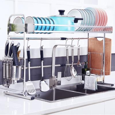 China Sustainable Two Tier Metal Kitchen Shelf Dish Organizer Drying Rack Stainless Steel Over Sink Dish Drainer Rack for sale