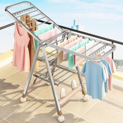 China Daily Life Clothes Folding 2-Level Laundry Drying Rack Space Saving Large Freestanding Drying Rack Height-Adjustable Wings Clothes Drying Rack for sale